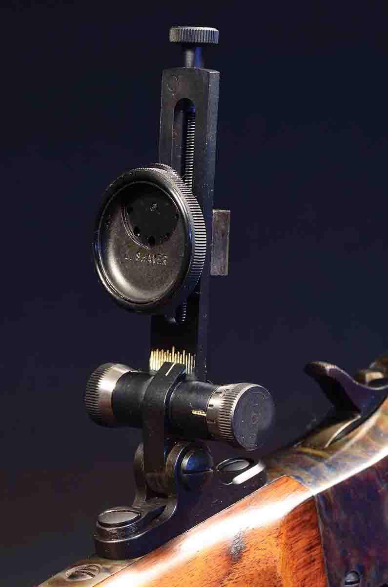 The Shaver Mid-Range Super Grade Soule-type vernier tang sight includes a Hadley eye cup.